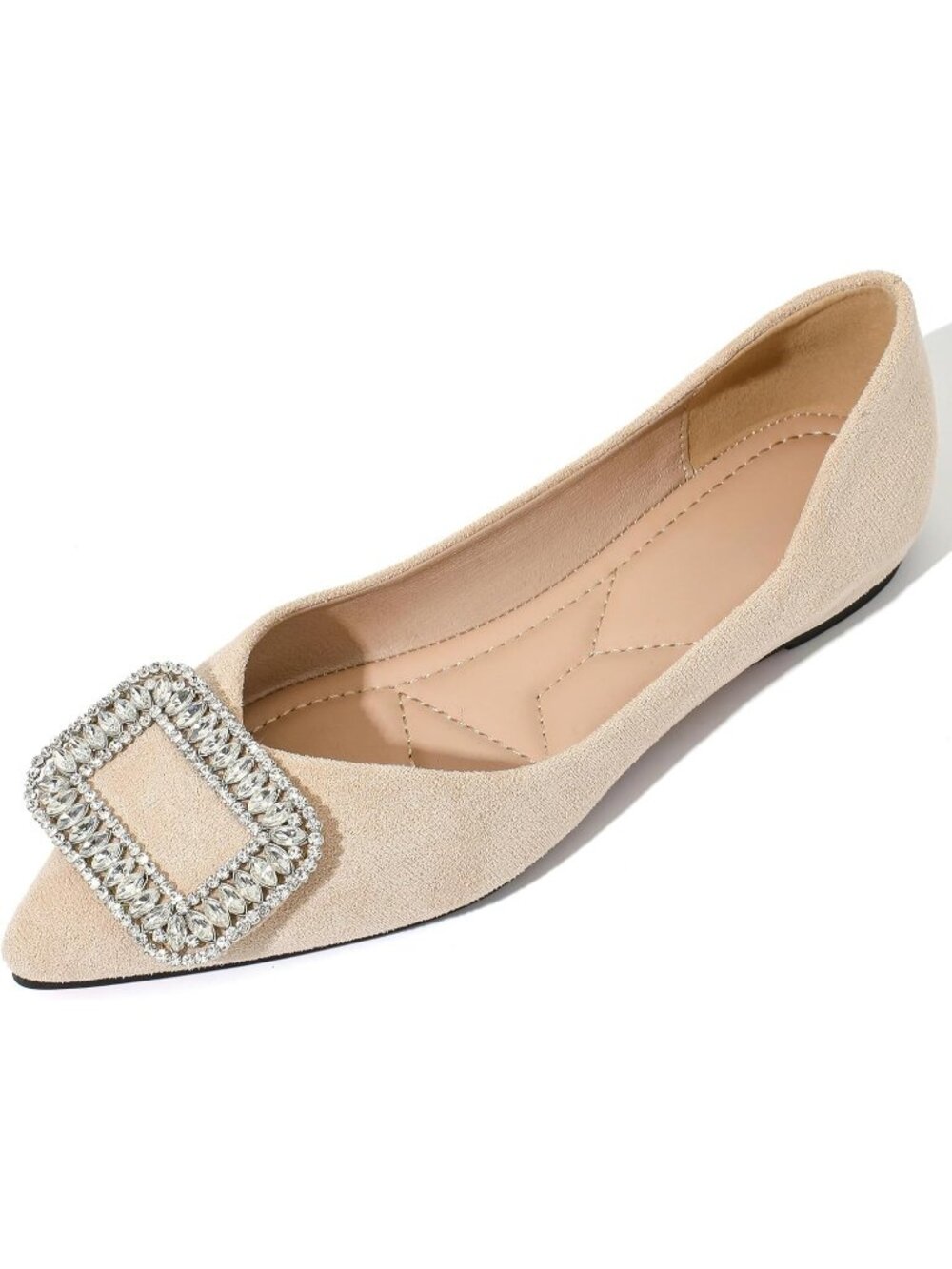 Women's Apricot Suede Pointed Toe Rhinestone Ballet Flats Slip On Dress Shoes